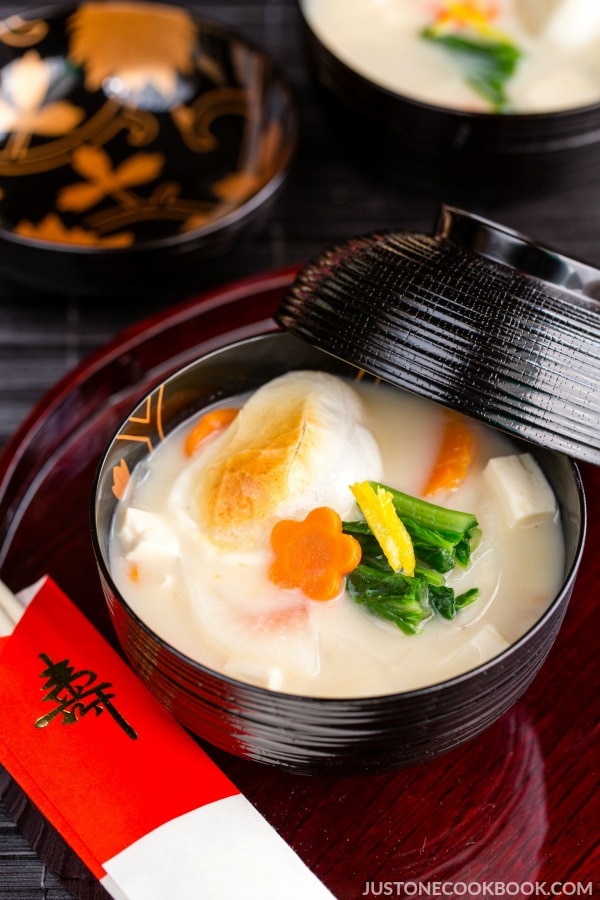 Ozoni Japanese New Year's Soup (Kansai-Style) in Japanese soup bowl.