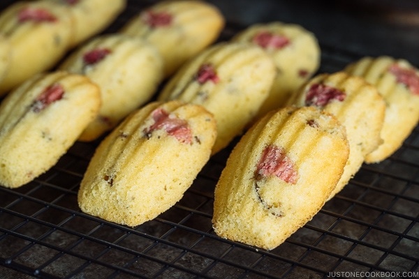 Cherry Blossom Madeleines laid staggered on a wire rack.