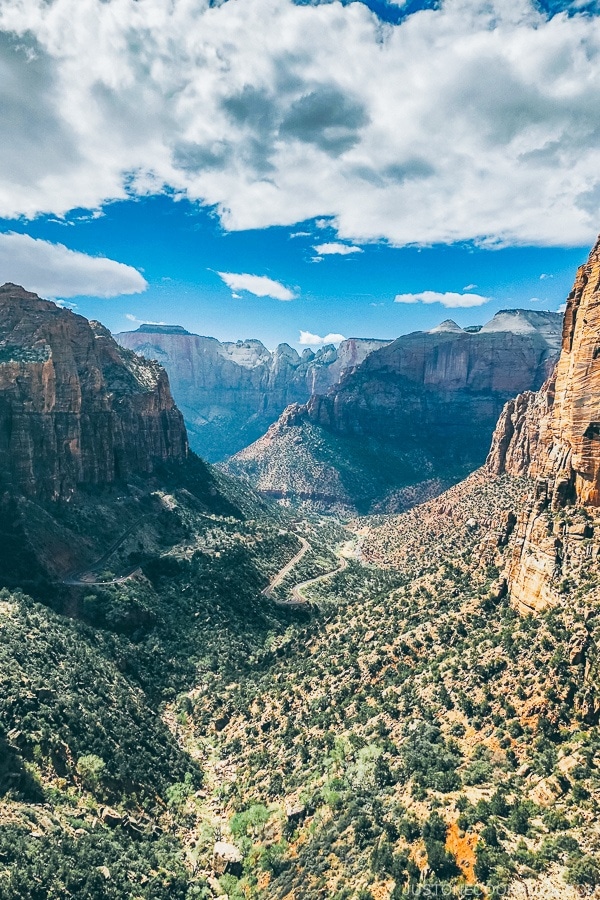 view of Zion Canyon from the end of Canyon Overlook Trail - Zion National Park Travel Guide | justonecookbook.com