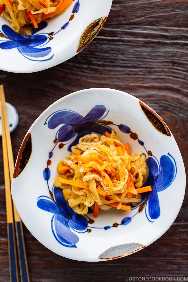 Simmered Kiriboshi Daikon on a beautiful Japanese blue and white bowl.