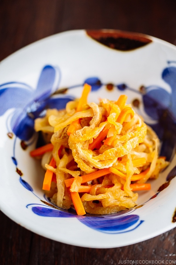 Simmered Kiriboshi Daikon on a beautiful Japanese blue and white bowl.