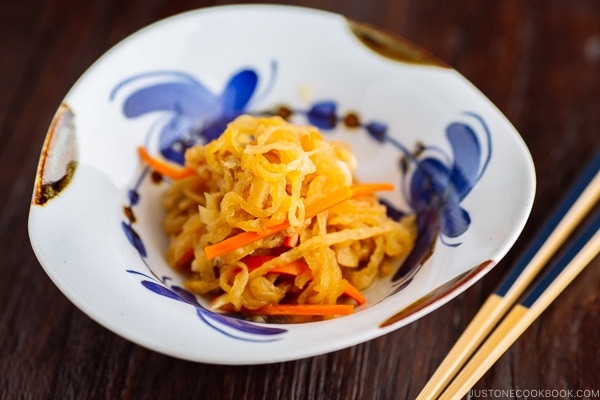 Simmered Kiriboshi Daikon on a beautiful Japanese blue and white bowl.