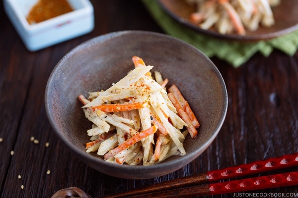 Gobo Salad (Burdock Root & Carrot Salad with Sesame Dressing) in Japanese bizen ceramic bowl.