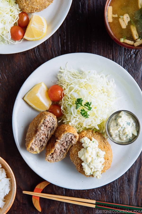 Menchi Katsu (Ground Meat Cutlet) served with homemade tartar sauce.