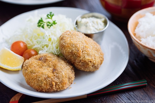 Menchi Katsu (Ground Meat Cutlet) served with homemade tartar sauce.