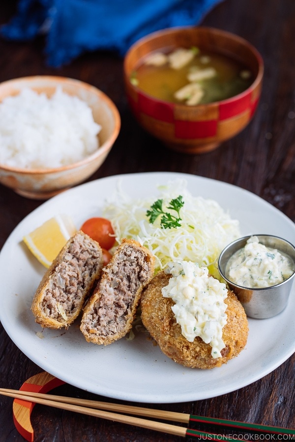 Menchi Katsu (Ground Meat Cutlet) served with homemade tartar sauce.