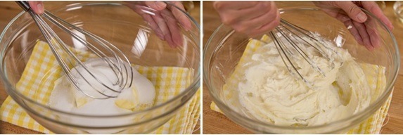½ cup soften butter and ½ cup sugar combined in a glass bowl on cutting board