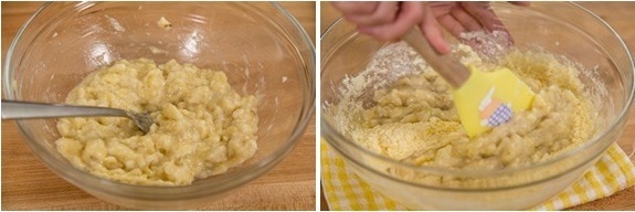 mashing 3 bananas with a fork and mix into the egg mixture in a glass bowl on cutting board