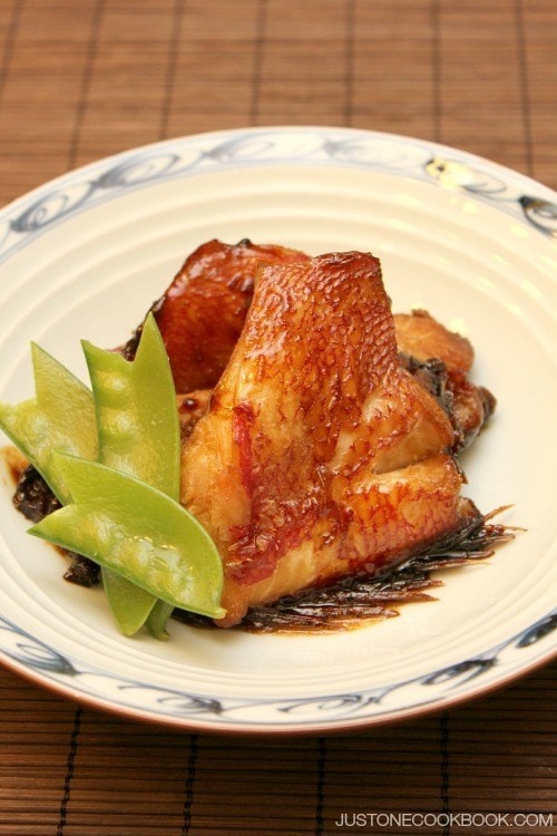 Braised Alfonsino, Kinmedai Nitsuke on a plate.