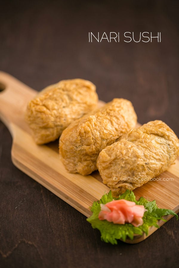 Inari Sushi on wooden board.