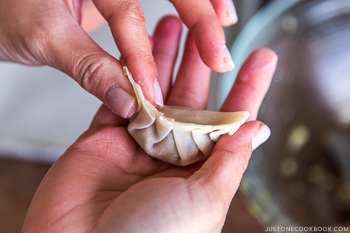 fingers pressing gyoza wrapper