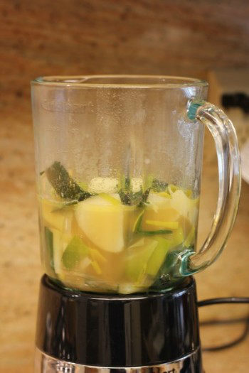 potato and leek soup inside a blender