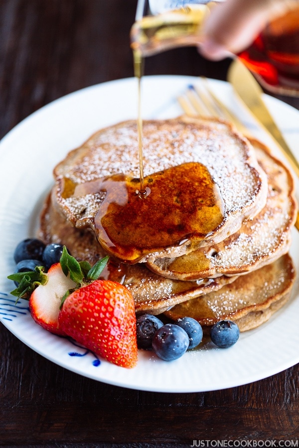 Red Bean Pancake with strawberry and blueberry on the white plate.