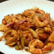 Shrimp and Celery with Ketchup Tobanjiang Sauce on a white plate.