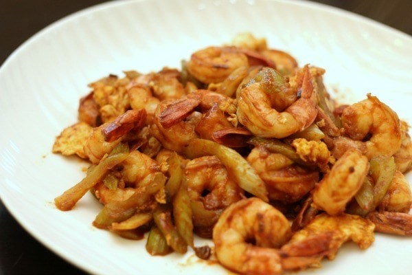 Shrimp and Celery with Ketchup Tobanjiang Sauce on a plate.