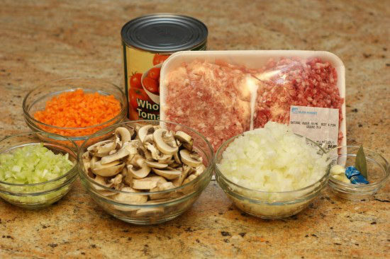 ingredients for Spaghetti Meat Sauce on granite counter top