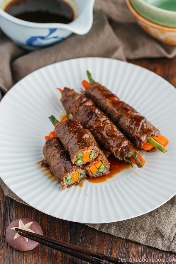 Teriyaki Steak Rolls on a white plate.