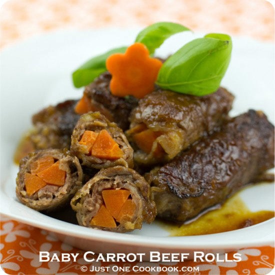 Baby Carrot Beef Rolls on a plate.