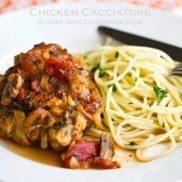 Chicken Cacciatore with pasta on a plate.