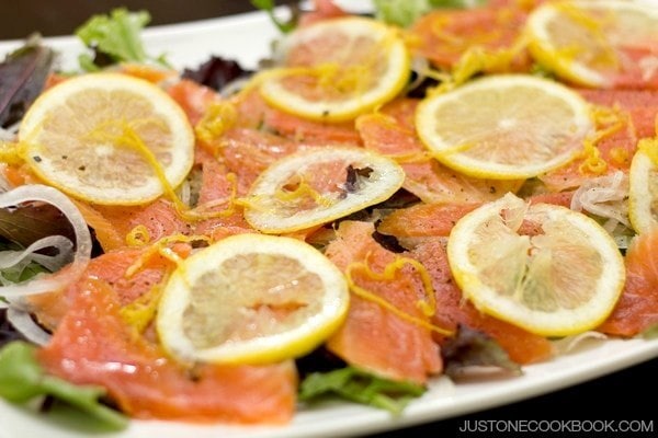 Smoked Salmon Salad with Lemon Vinaigrette on a plate.