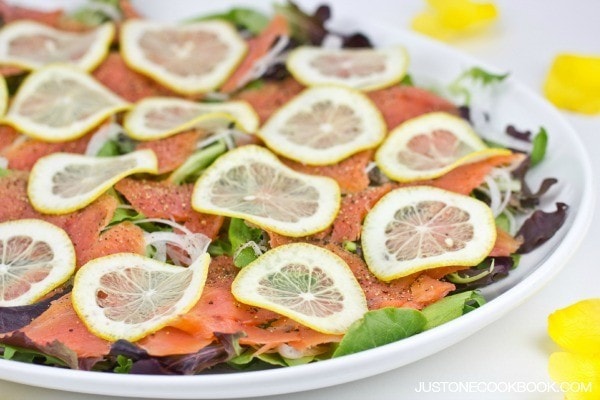 Smoked Salmon Salad with Lemon Vinaigrette on a plate.