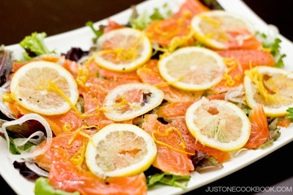 Smoked Salmon Salad with Lemon Vinaigrette on a plate.