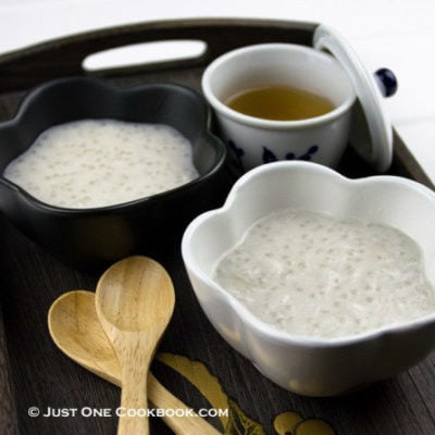 taro tapioca in black and white bowl on top of wood tray