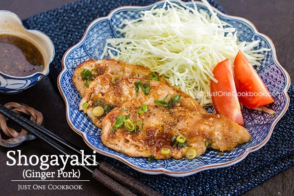 Shogayaki with salad on a plate.