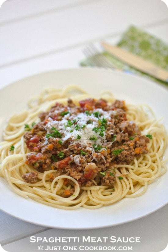 Spaghetti Meat Sauce on a white plate.