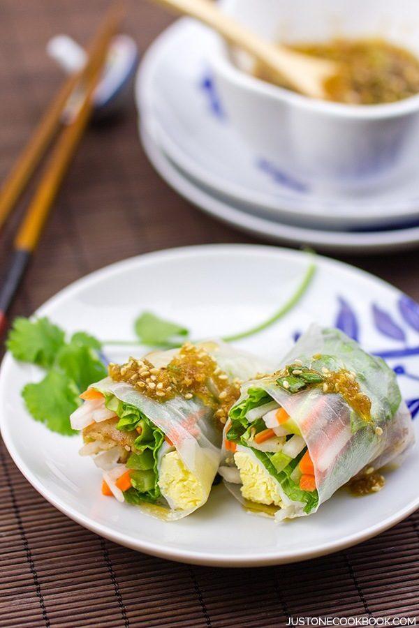 Spring Rolls with Sesame Ponzu Vinaigrette on a plate.