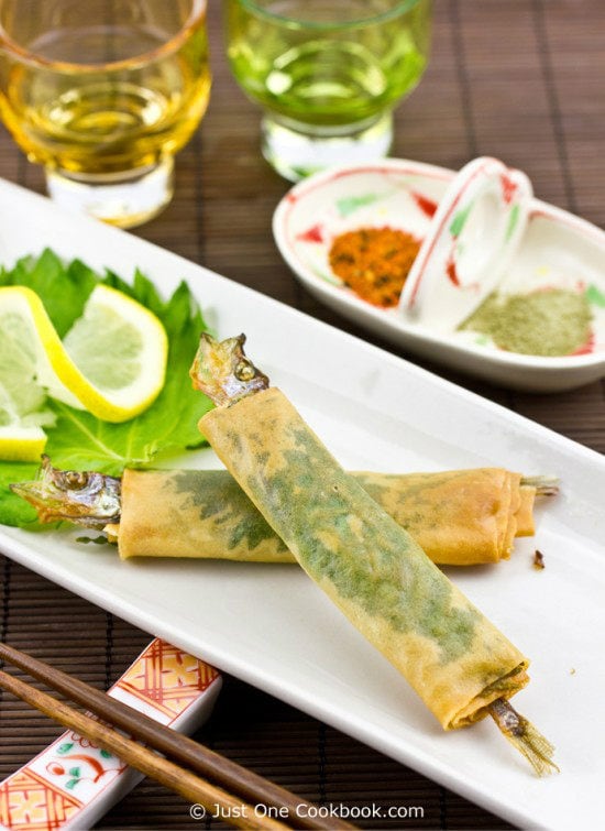 Shishamo Wrap Recipe | JustOneCookbook.com Shishamo Wrap with matcha salt and shichimi on a table.