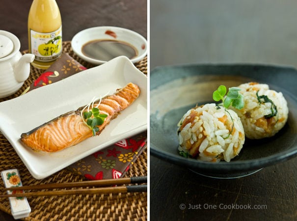 Broiled Salmon & Salmon Onigiri (Rice Ball) Recipe | JustOneCookbook.com Broiled Salmon & Salmon Onigiri (Rice Ball) on a table.