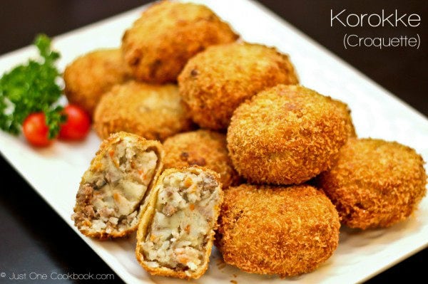 Korokke, Potato and Meat Croquette on a white plate.