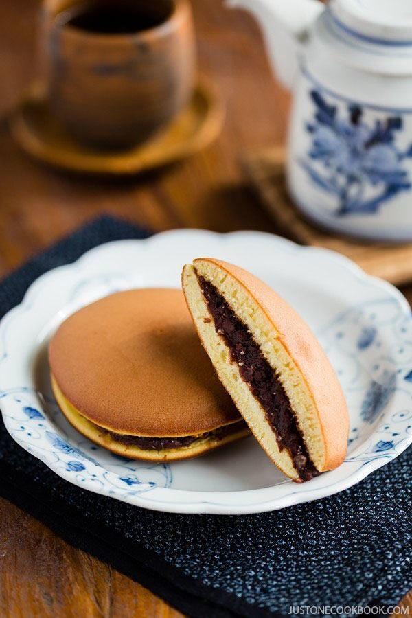 Dorayaki on a plate and a cup of tea.