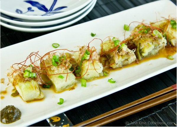 Japanese Grilled Eggplant (Yaki Nasu) Recipe | JustOneCookbook.com Japanese Grilled Eggplant (Yaki Nasu) on a plate.