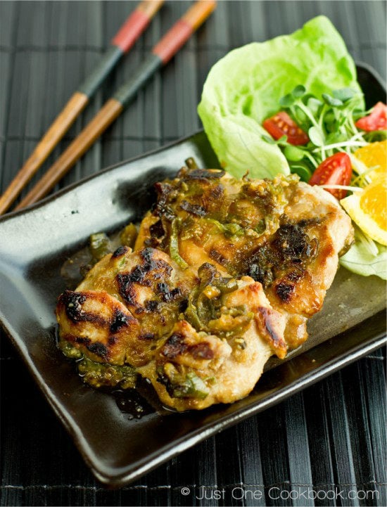 Negi Miso Chicken III Negi Miso Chicken and salads on a plate.