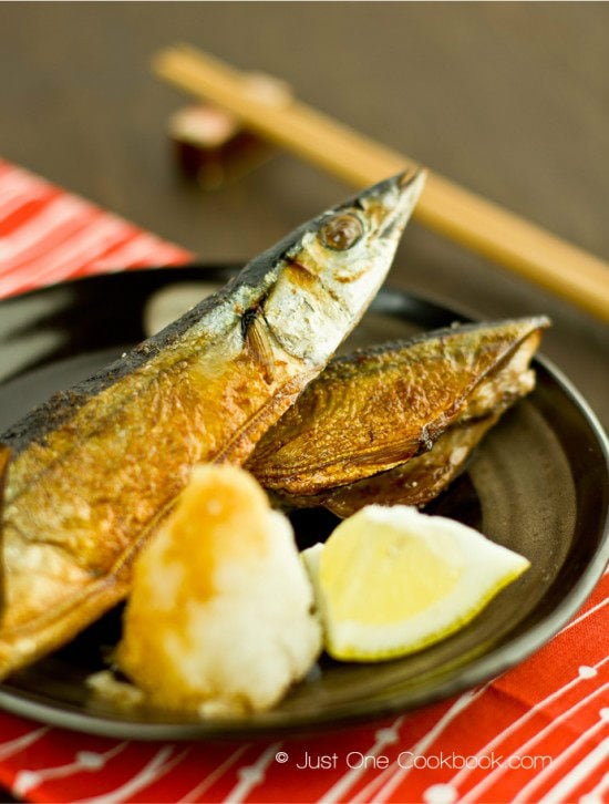Sanma Shioyaki (Salt-Grilled Pacific Saury) Recipe | JustOneCookbook.com Sanma Shioyaki (Salt-Grilled Pacific Saury) on a plate.