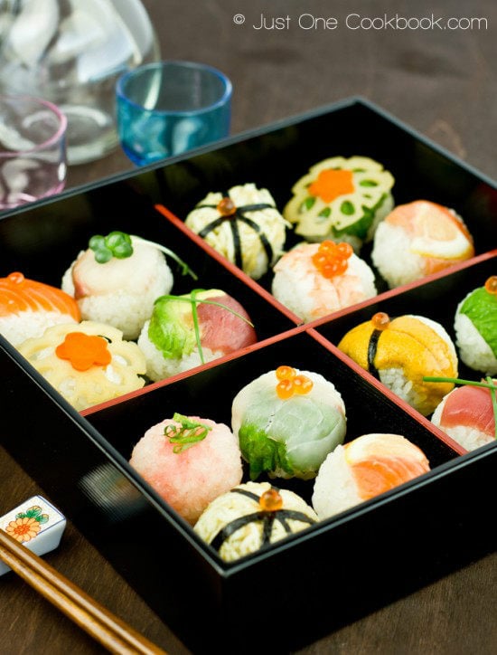 Temari Sushi in Japanese wooden tray.