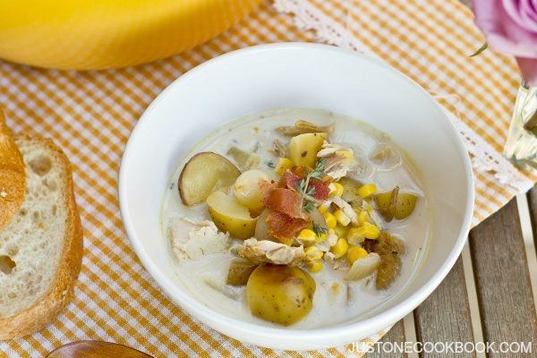 Chicken Corn Chowder in a white soup bowl.