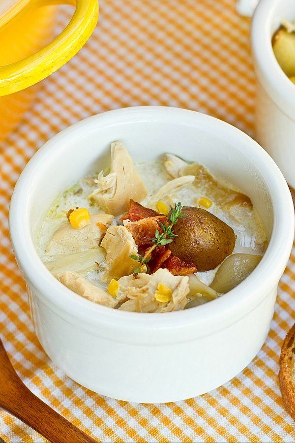 Chicken Corn Chowder in a small white cup.