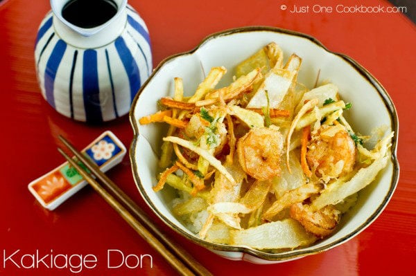 Kakiage Don Recipe | JustOneCookbook.com Kakiage Don and sauce on a table.