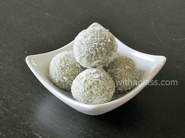 Matcha and White Chocolate Truffles III Matcha and White Chocolate Truffles in a bowl.