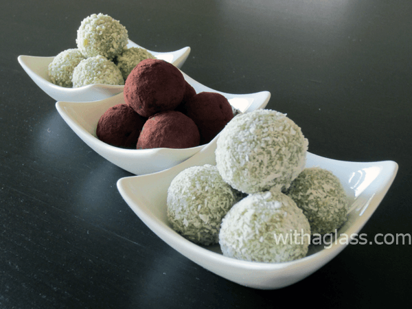 Matcha and White Chocolate Truffles on dishes.