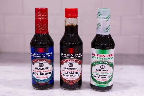 Gluten free soy sauce in bottles.