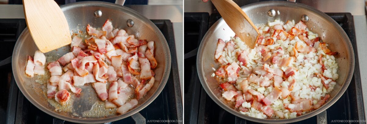 Two side-by-side photos show a metal frying pan on a stove. The left image has sliced bacon cooking, and the right shows chopped onions added&mdash;both being stirred with a wooden spatula, making the base for a delicious tomato bacon pasta.