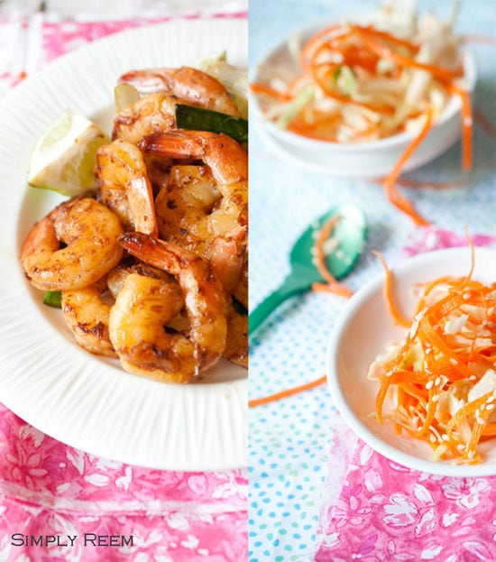 Honey Glazed Shrimps with Asian Coleslaw on plates.