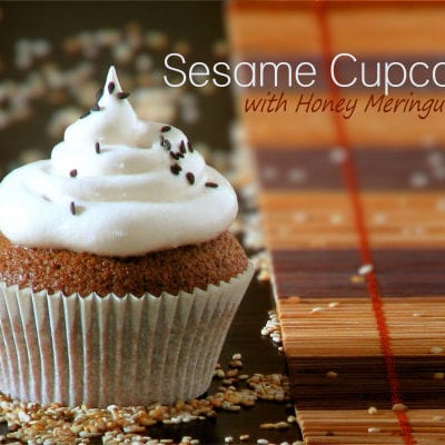 Sesame Cupcakes with Honey Meringue Frosting