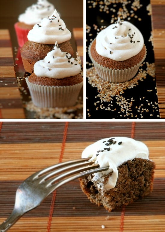 Sesame Cupcakes with Honey Meringue Frosting on table.