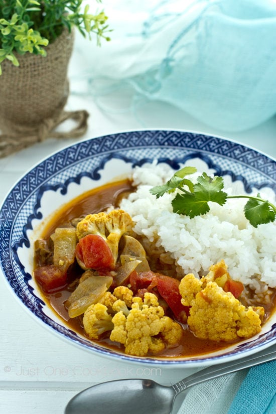 Coconut Curry and rice on a plate.