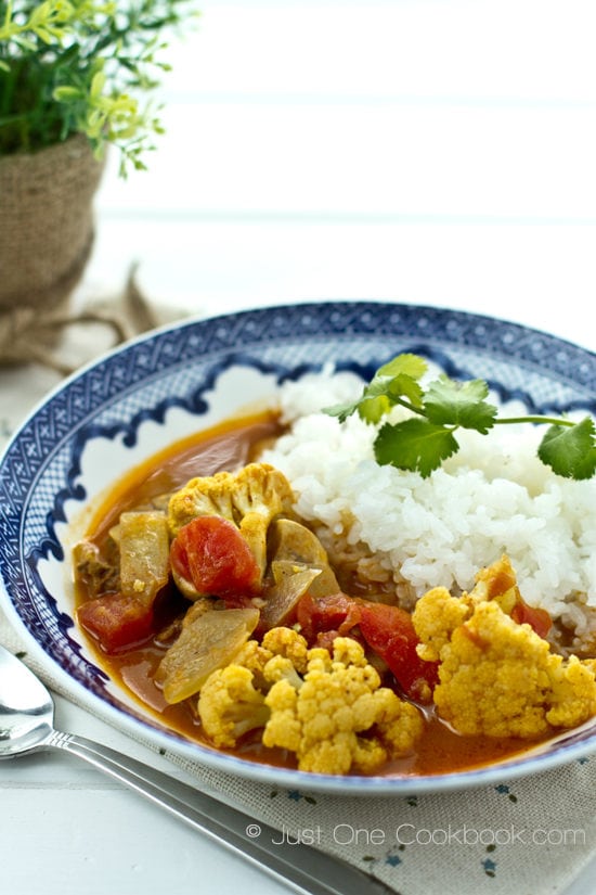 Coconut Curry and rice on a plate.